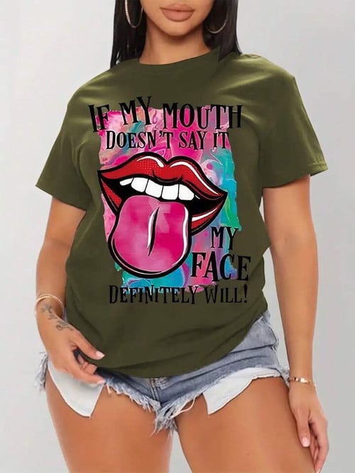 Women's Slogan And Lips Printed Round Neck Fleece T-Shirt 17011