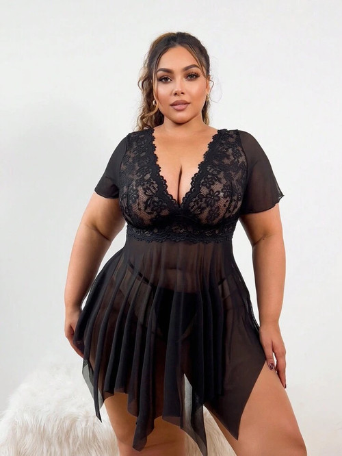 Contrast Lace Mesh Dress With Thong 3034