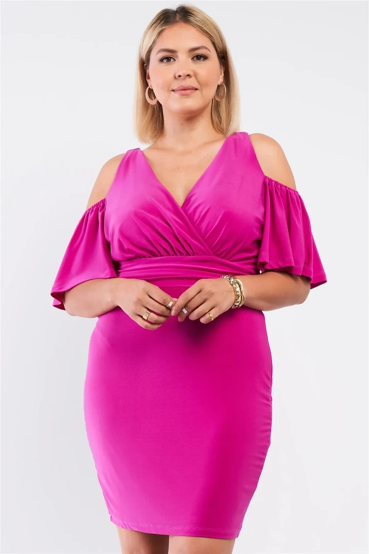 Plus Off-the-shoulder Plunging Wrap V-neck Fitted Mini Dress CD2404