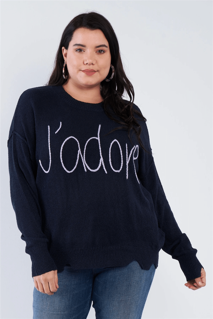 "J'adore" Script Knit Relaxed Fit Sweater CV6010