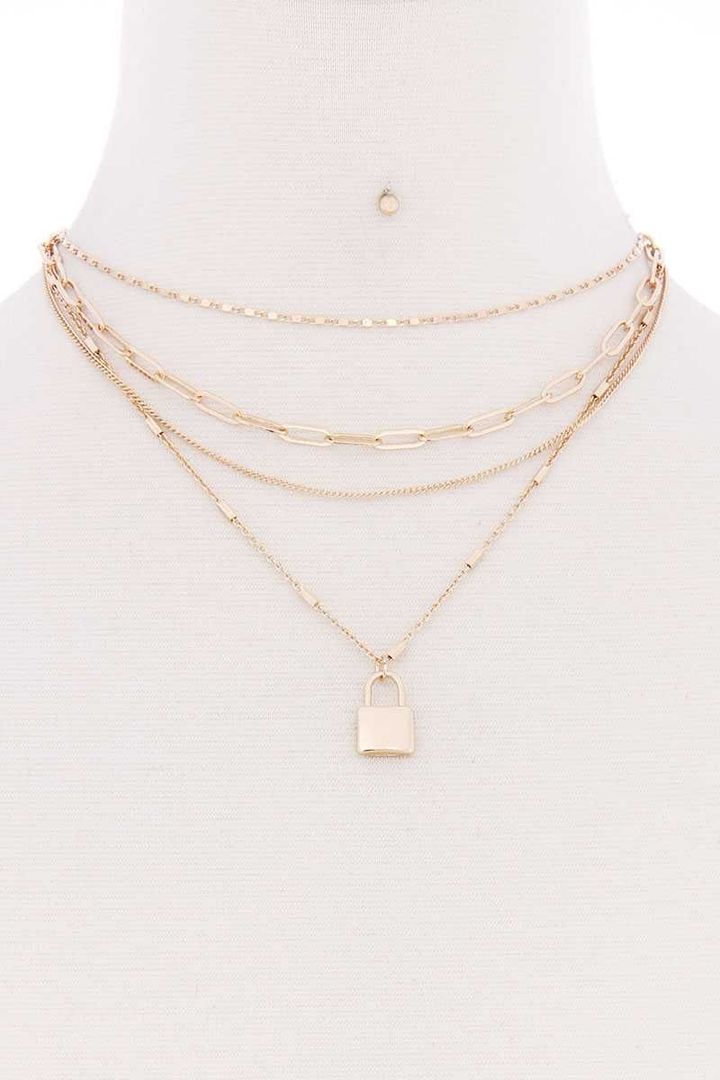 4 Layered Chain With Lock Pendant Necklace