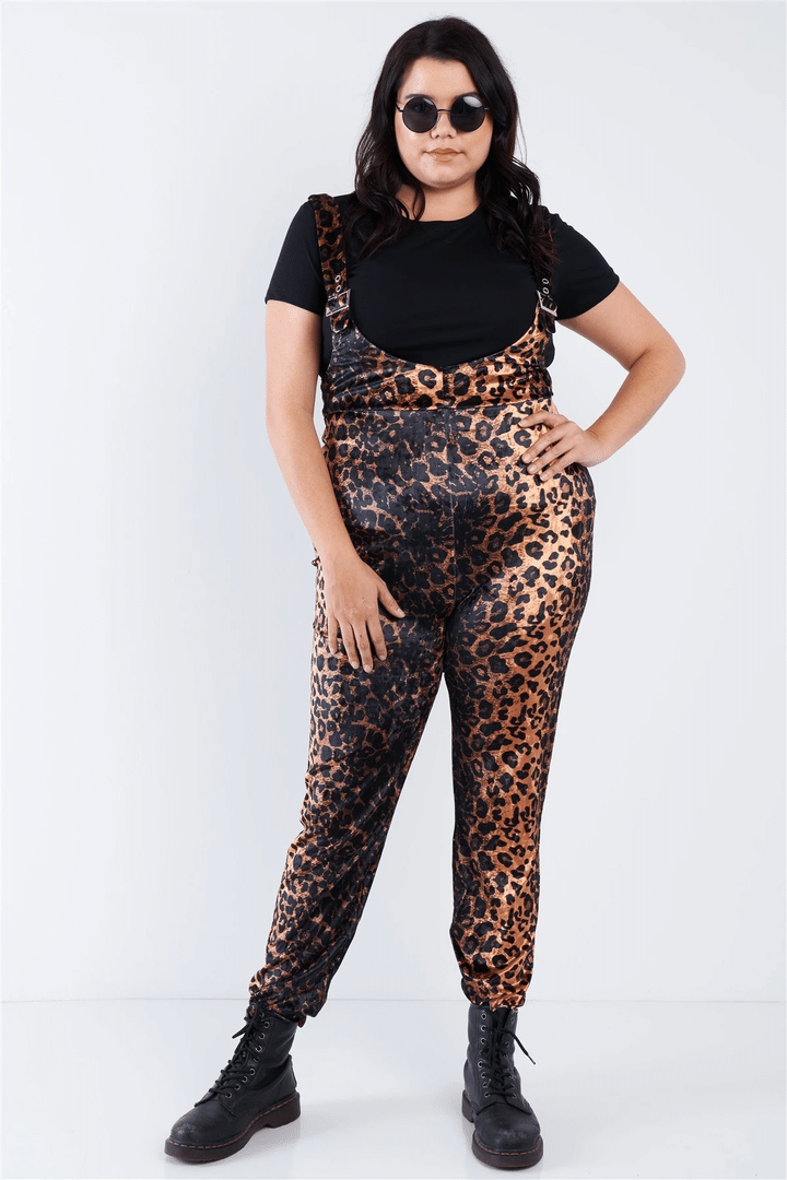 Plus Size Leopard Print High Waist Overall Jumpsuit