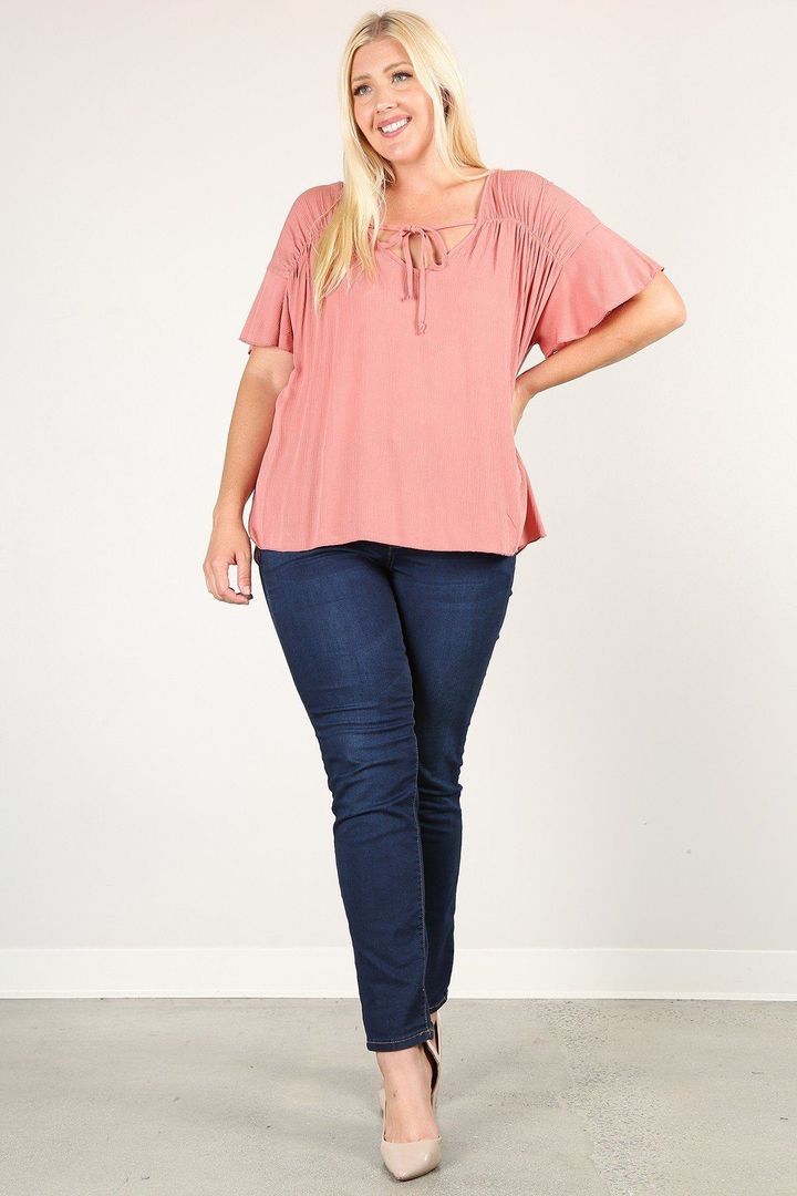 Plus Size Solid Top With A Necktie, Pleated Detail, And Flutter Sleeves CV08211