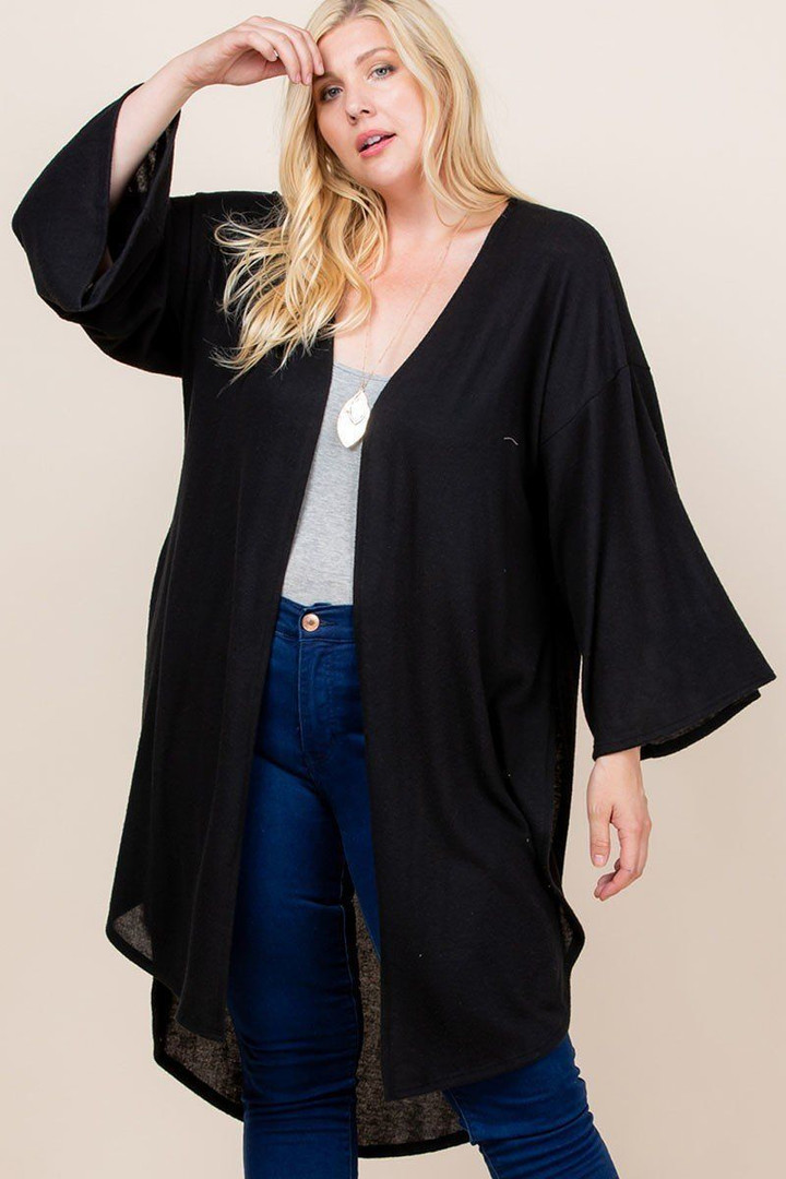 Plus Size Solid Hacci Brush Open Front Long Cardigan With Bell Sleeves CV5211