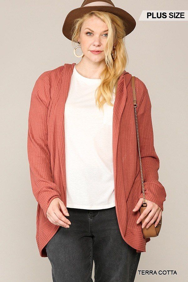 Solid Waffled Hoodie Cardigan With Lapel Collar CV0411