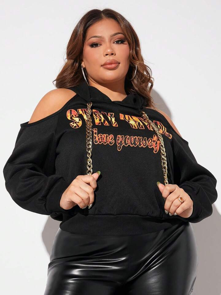 Letter Graphic Cold Shoulder Chain Detail Drawstring Hoodie 9101