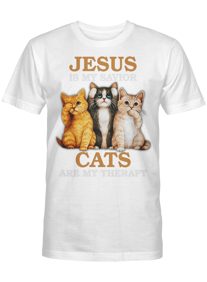 Jesus Is My Savior Cats Are My Therapy Funny Shirt