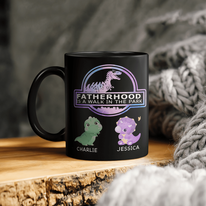 Personalized Fatherhood Is A Walk In The Park Mug, Dinosaur Dad With Kids, Papasaurus Mug, Daddysaurus Mug, Fathers Day Gift For Dad