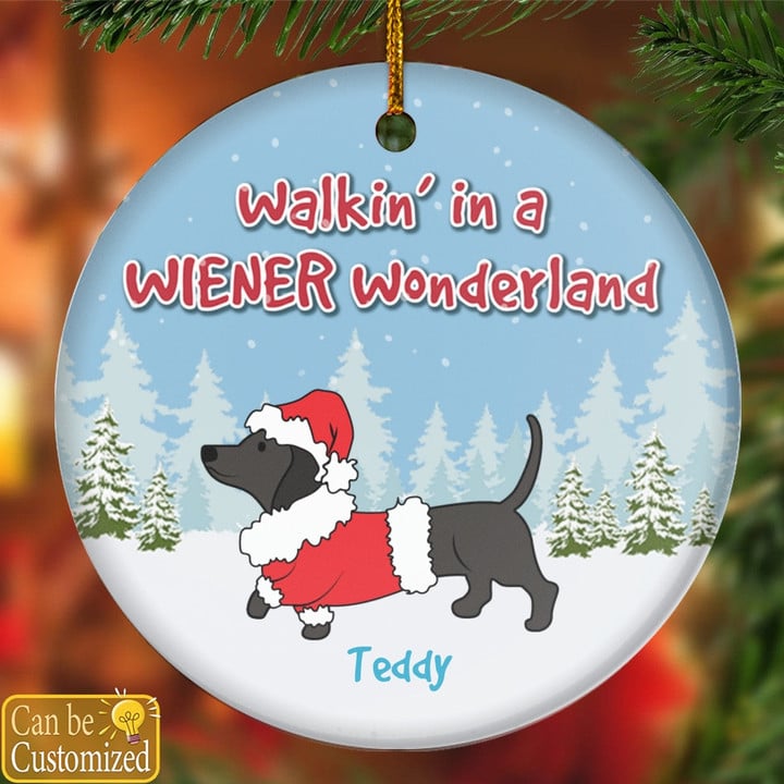 Dog Christmas Dachshund Wiener Wonderland, Personalized Dog Decorative Christmas Ornament, Round Shape Ornament