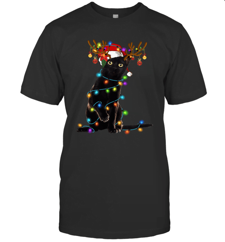 Black Cat Christmas Light Shirt Funny Cat Lover Christmas Shirt