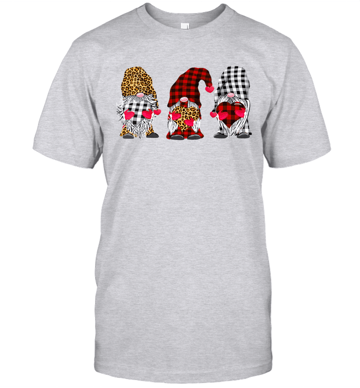 Three Gnomes Holding Hearts Leopard Print Buffalo Plaid Valentines Day Shirt