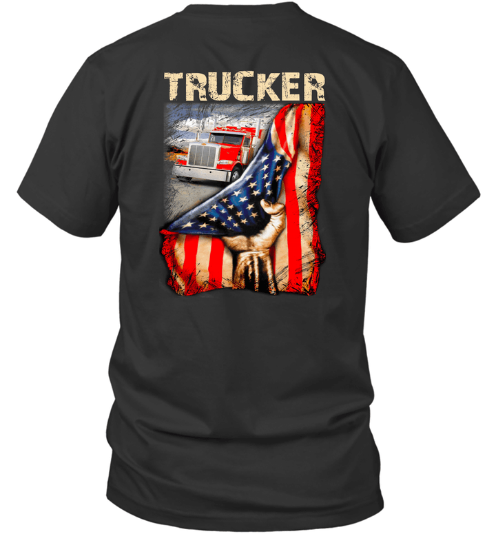 Truck Behind American Flag Trucker Love Graphic Tees Shirt