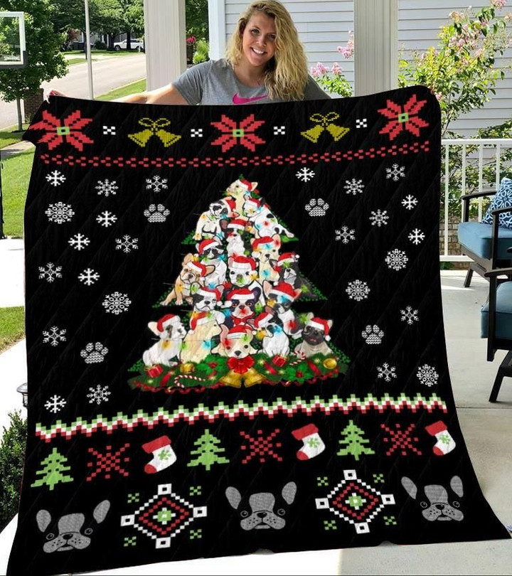 Frenchie Christmas Tree Blanket Funny Frenchie Christmas – Fleece Blanket