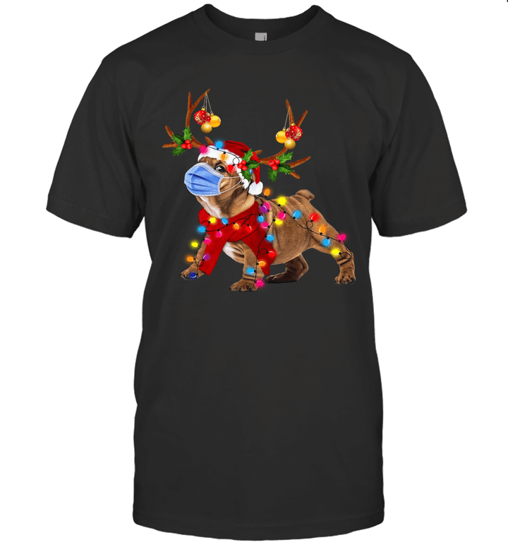 Bulldog Reindeer With Face Mask Christmas Light Funny Shirt