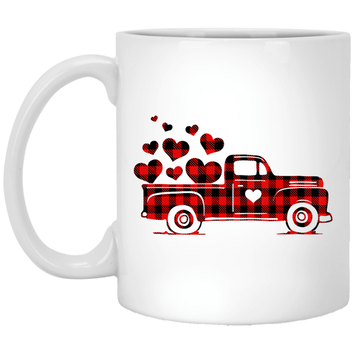 Red Plaid Buffalo Hearts Vintage Truck Cute Valentine’s Day Mug