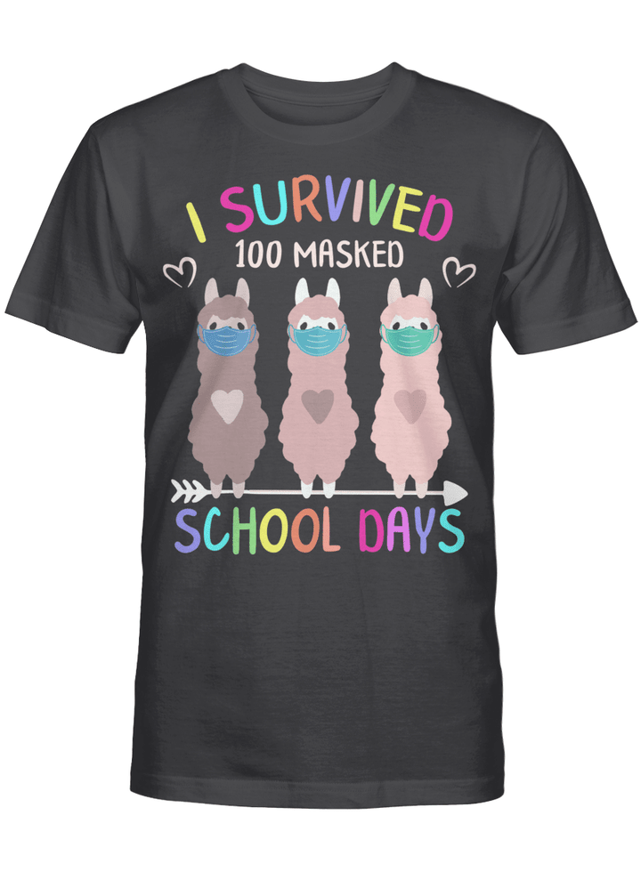I Survived 100 Masked School Days Llama Virtual Teacher Girl T-Shirt
