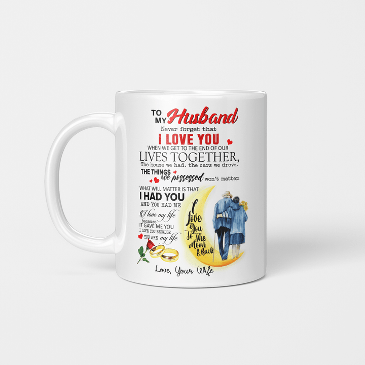 To My Husband Never Forget That I Love You When We Get To The End Of Our Lives Together Coffee Mug I Love You To The Moon And Back Gifts Mug