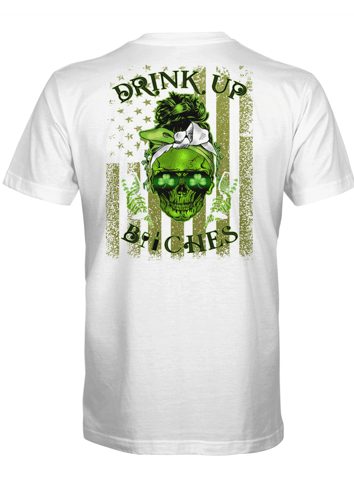 St. Patrick's Day Skull Drink Up Bitches American Flag Shirt