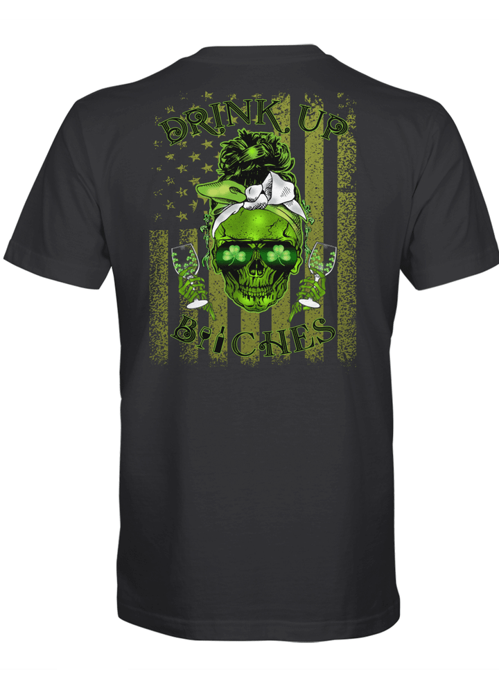 St. Patrick's Day Skull Drink Up Bitches American Flag Shirt