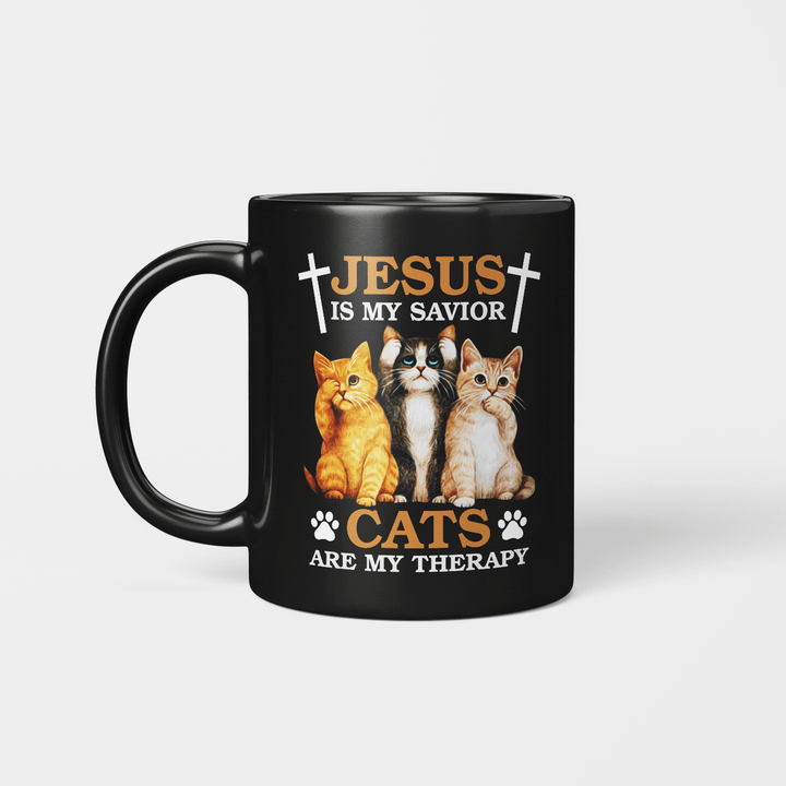 Jesus Is My Savior Cats Are My Therapy Funny Mug