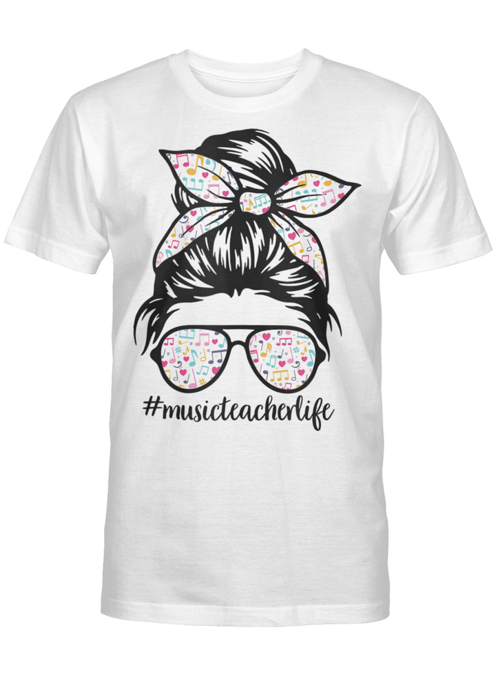 Music Teacher Messy Bun Life Hair Glasses Musical Notes Shirt