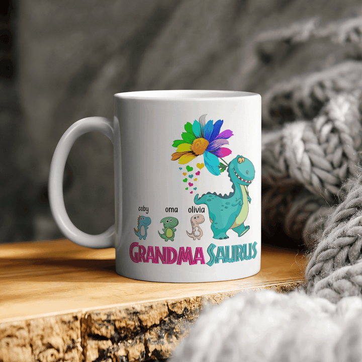 Grandma Mug, Custom Grandma Saurus Mug, Grandmasaurus Mug Gift For Mom, Flower Mug, Mother's Day Mug