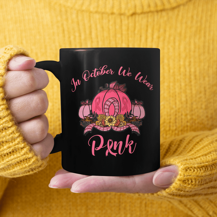 In October We Wear Pink Breast Cancer Awareness Pumpkin Mug