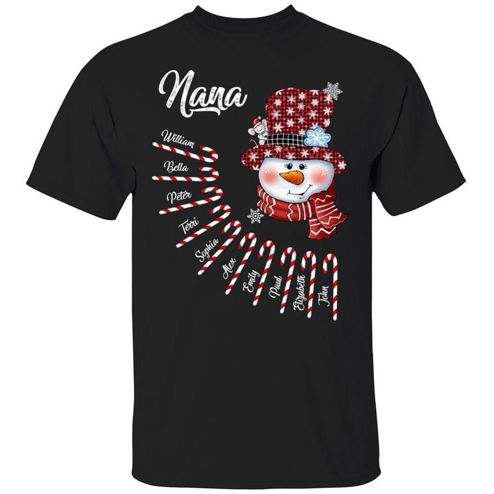 Personalized Grandma Snowman Candy Cane Christmas Shirt For Gift Grandma - Nana Xmas Funny Shirts
