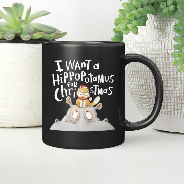 I Want A Hippopotenuse For Christmas Mug Funny Hippopotamus and Cat Xmas Gift