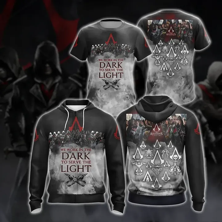 Assassin's Creed All Games Logos - We work in the dark to serve the light Unisex 3D T-shirt Zip Hoodie Pullover Hoodie