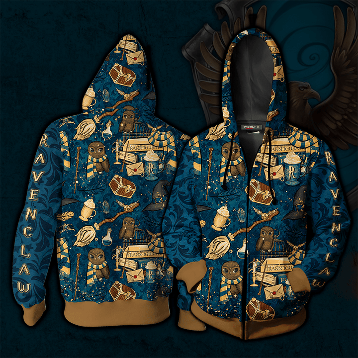 Hogwarts Ravenclaw House Pattern Harry Potter Zip Up Hoodie