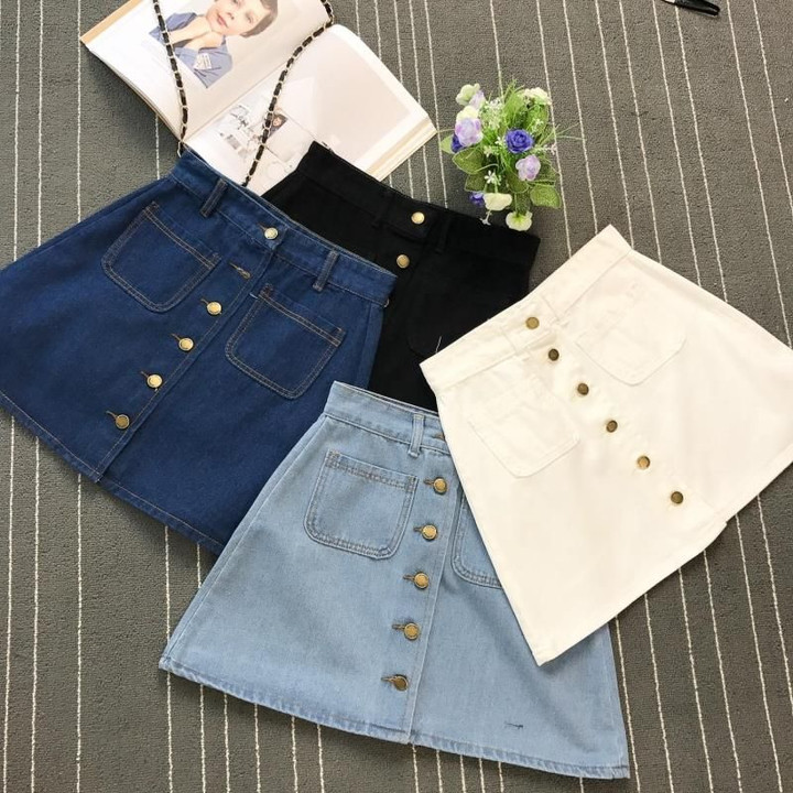 A-line Jeans short Button High Waist Denim pockets Skirts