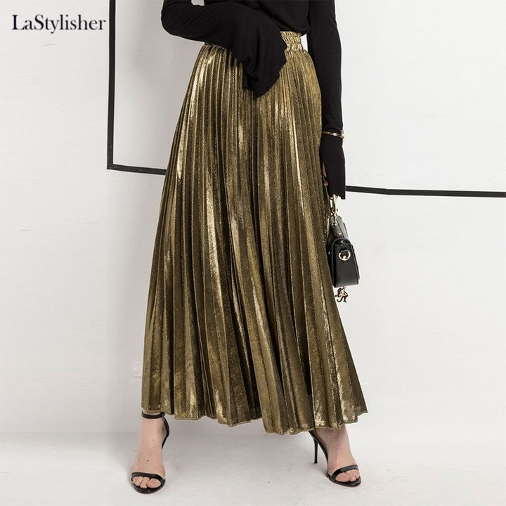 Gold Elastic High Waist Fashion Maxi Long Casual Streetwear Skirts