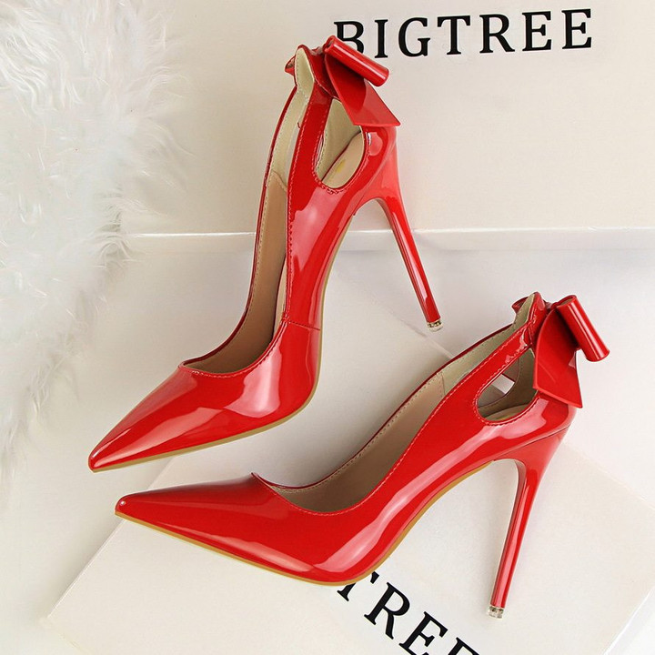 Solid Patent Leather Cut-Outs Bowtie Pointed Toe High Heels