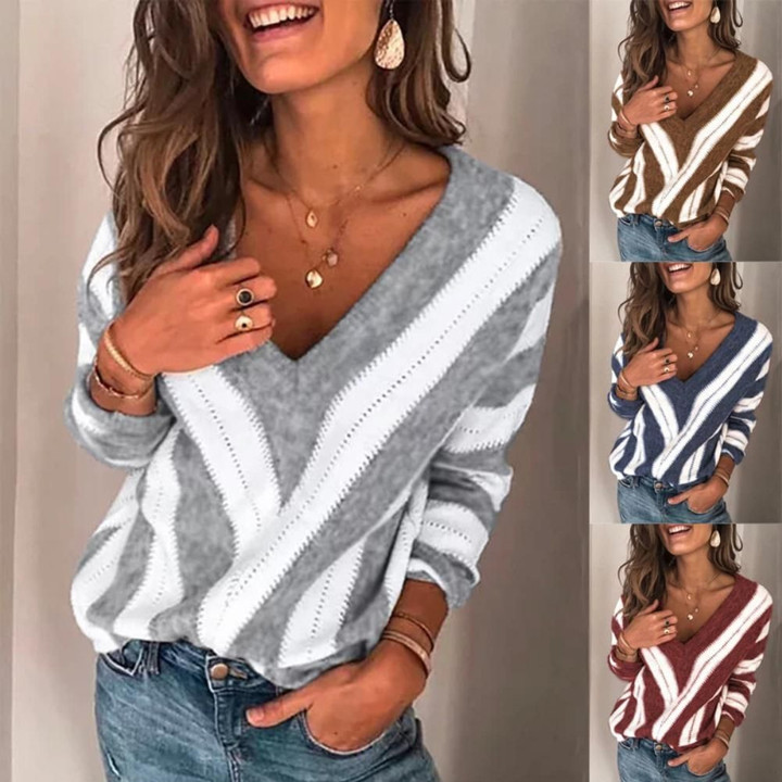 Deep V Striped Long Sleeve Solid Pullover Knitted Sweater