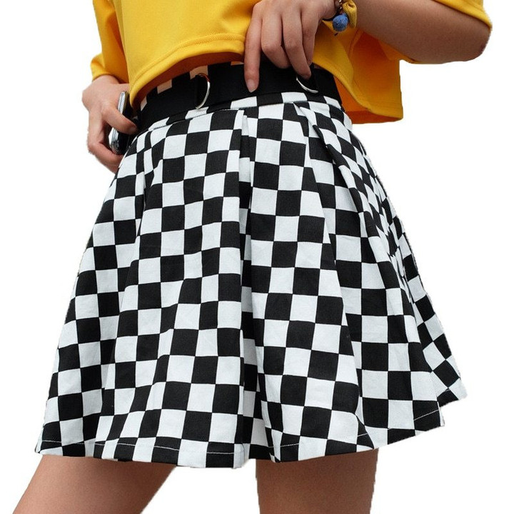 Pleated Checkerboard High Waist Skirt