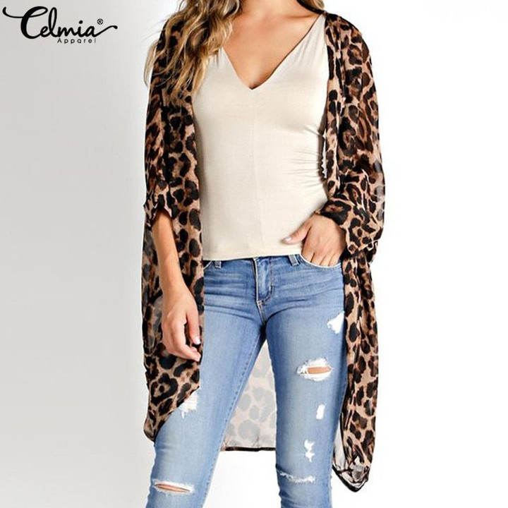 Leopard Printed Kimono Style Cover-up Long Blouse Loose Shirt