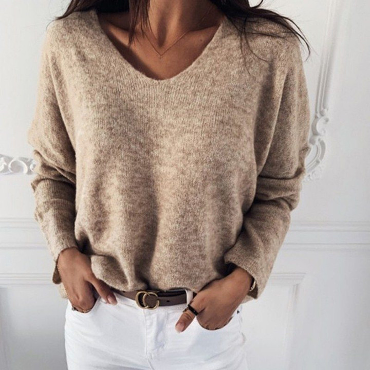 Casual V-neck Solid Knitted Jumper Sweaters