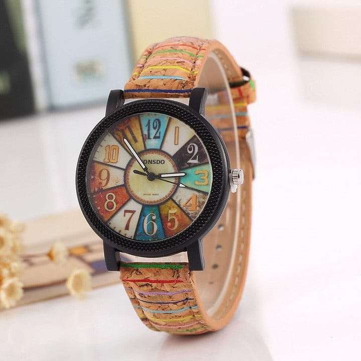 Bamboo Wooden Simple Quartz Watch PU Leather Strap Starfish Colorful