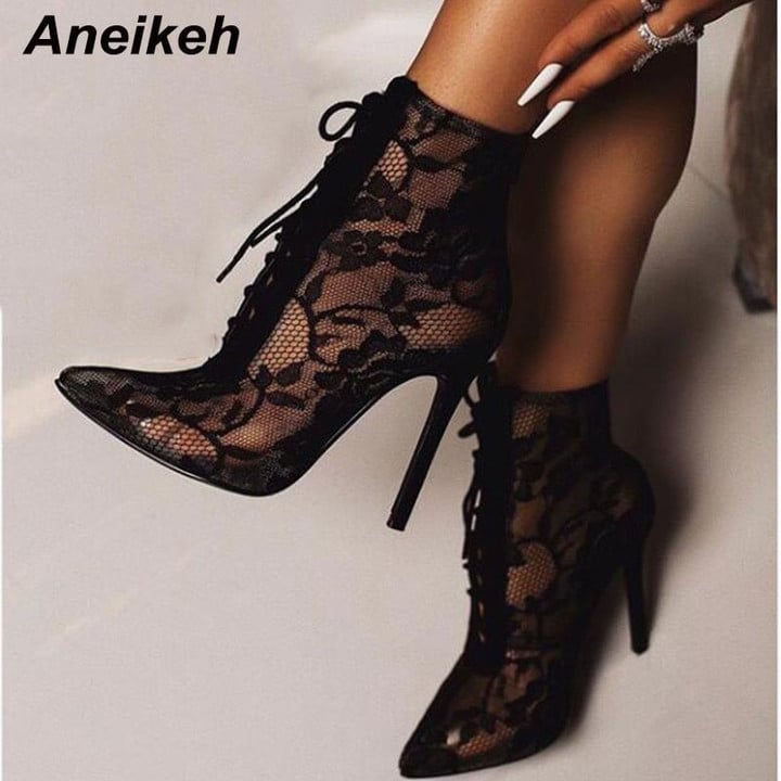 Mesh Pointed Toe Lace-up High Heel Transparent Ankle Boots