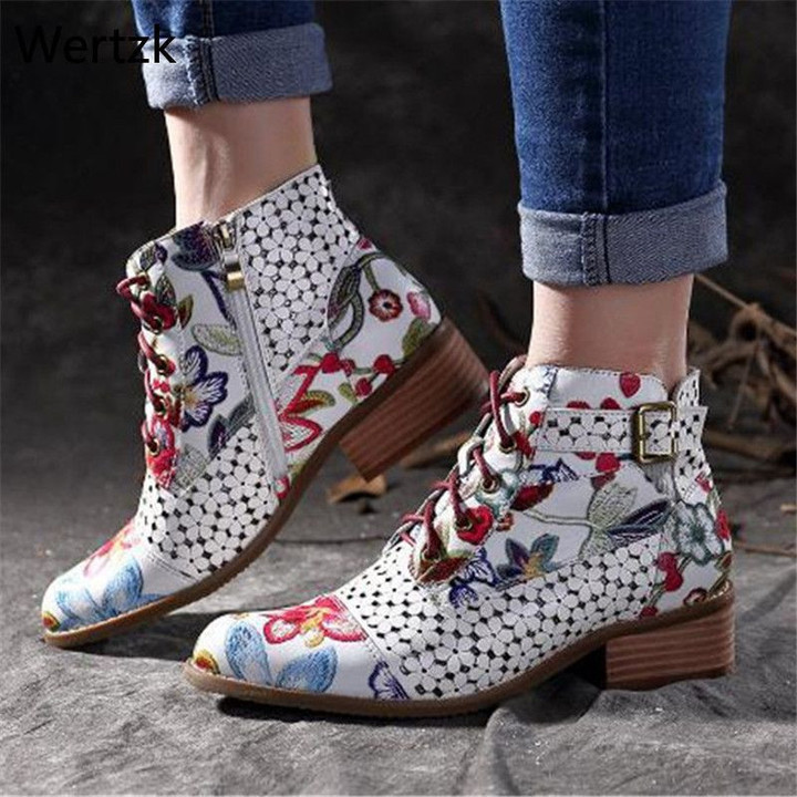 Ink Painting Flower Pattern Cow Leather Splicing Lace-Up Boots