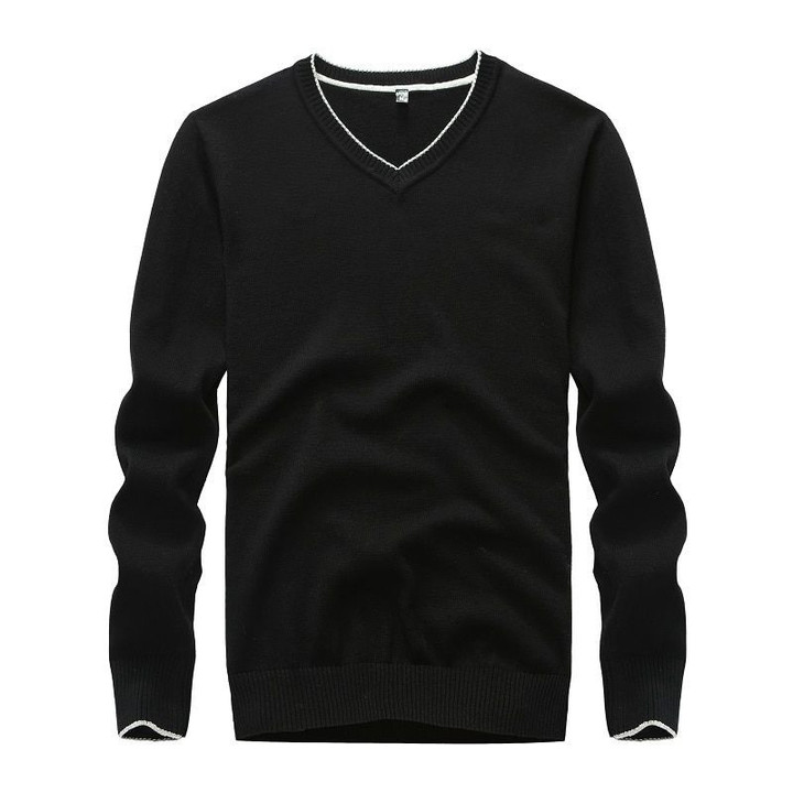 Cotton Solid Pullover Sweater V-neck Knitted