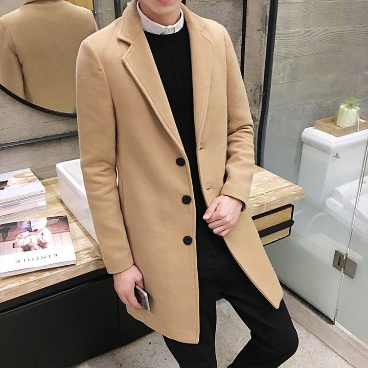Thick Warm Solid Color Woolen Casual Business Long Windbreaker Coat