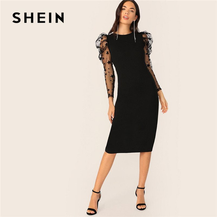 Star Print Sleeve Slip Hem Black Long Sleeve black dresses