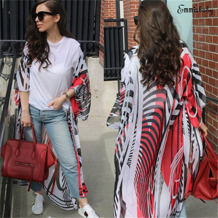 Zebra-striped Chiffon Print Kimono Long Wrap Loose bohemian jackets & coats
