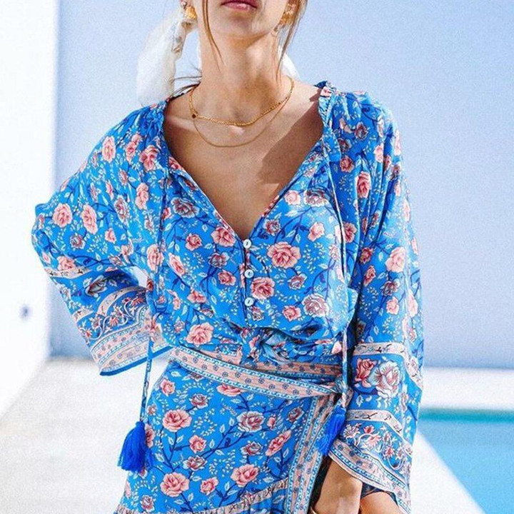 Blue Floral Long Flare Sleeve Button Front Boho Bohemian Blouse & Shirts