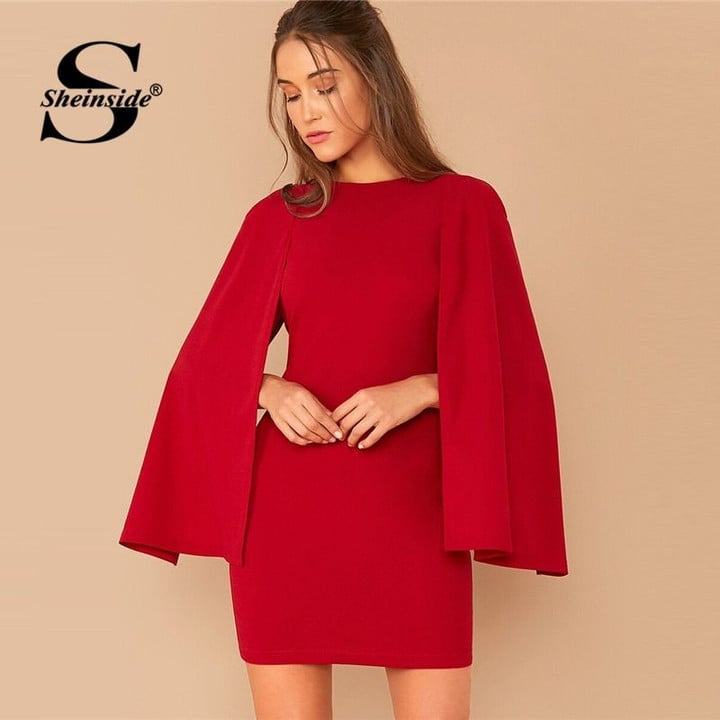 Red Cloak Sleeve Pencil Without Belt Zipper Back casual dresses