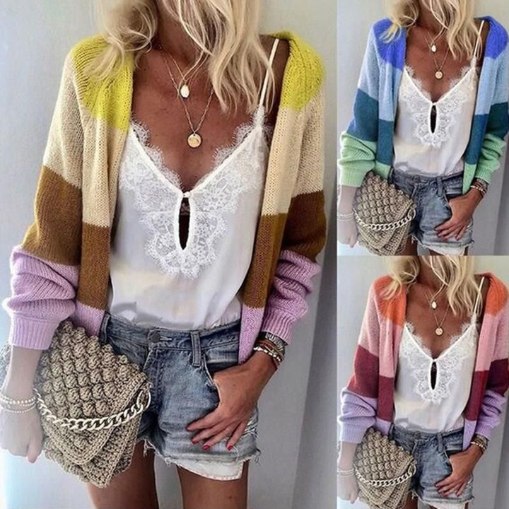 Striped Long Cardigan Clothes Pockets Knitted Cardigan bohemian sweaters
