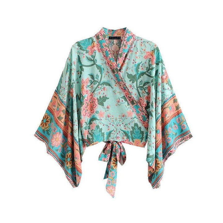 Wrap Shirt Deep V Neck Tie Waist Cropped Floral bohemian kimonos