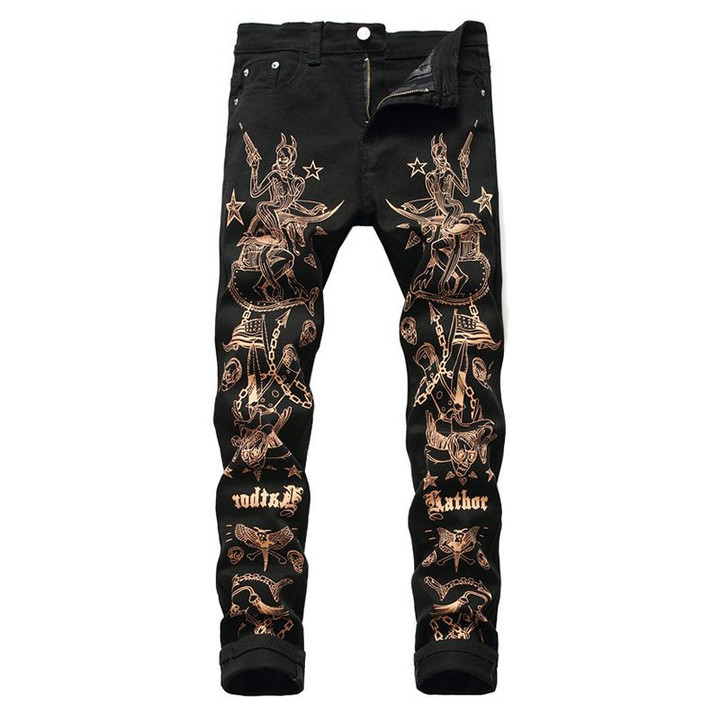Sokotoo slim 3D print sexy beauty flag skull painted black stretch  jeans